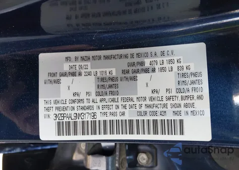 2022 Mazda Mazda3 2.5 S из США, поврежденный, VIN 3MZBPAAL9NM317196